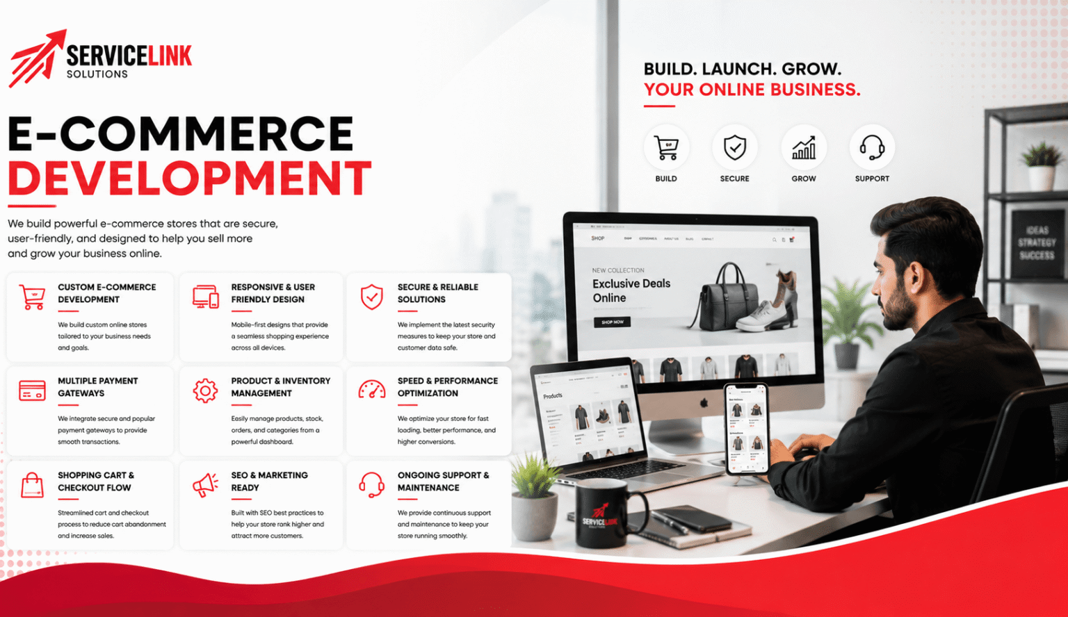 E-commerce development banner showing online store design, product listings, payment integration and mobile shopping experience