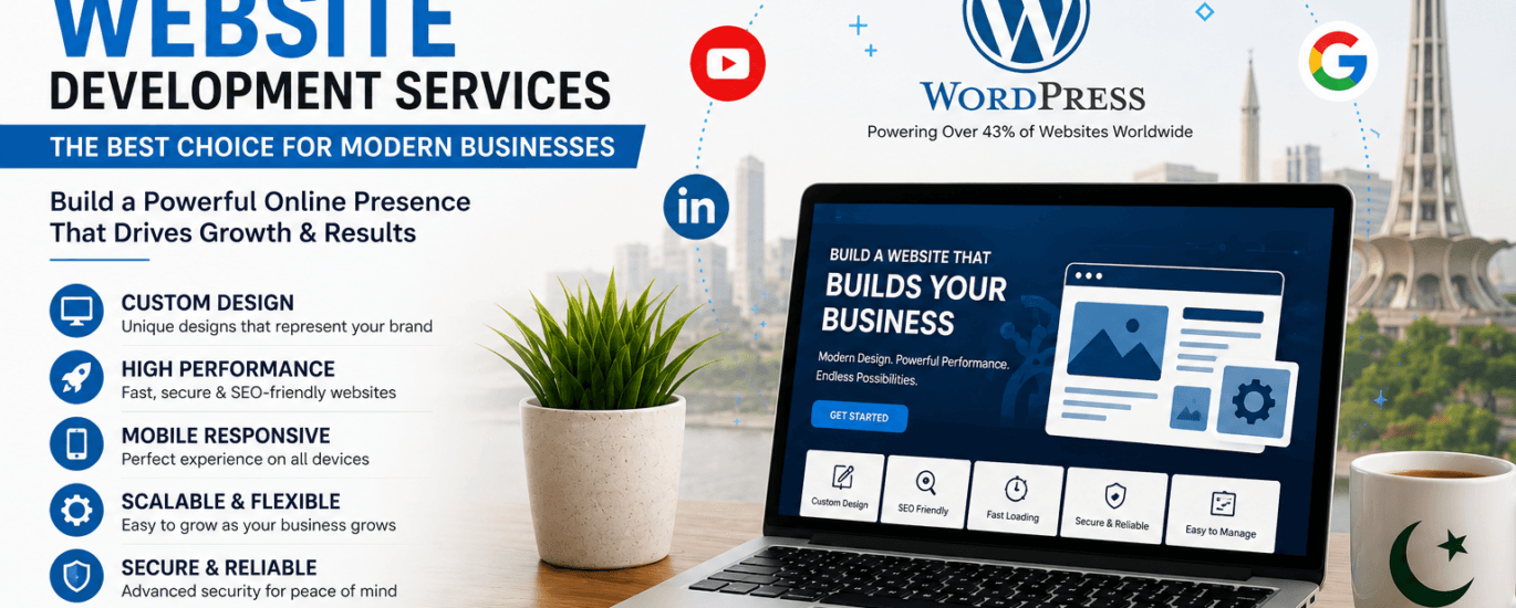 Custom WordPress website development services banner showing responsive web design, SEO-friendly websites, mobile optimization, security, and business growth solutions.