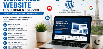 Custom WordPress website development services banner showing responsive web design, SEO-friendly websites, mobile optimization, security, and business growth solutions.