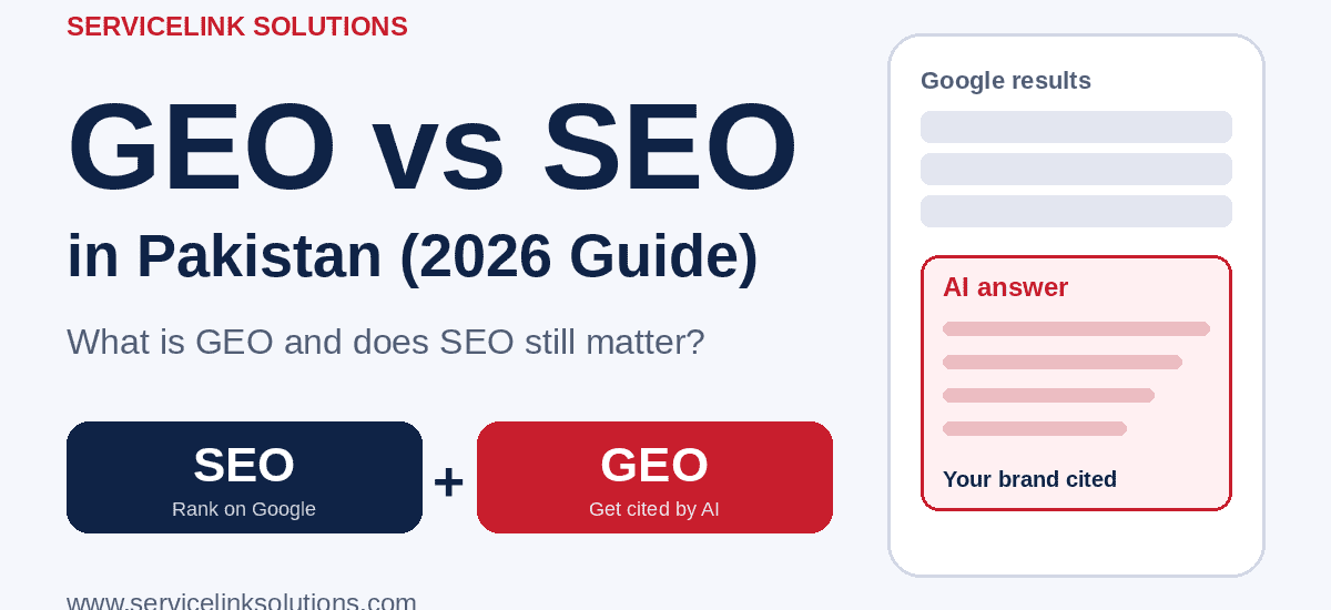 geo-vs-seo-pakistan-cover.png. Alt: GEO vs SEO comparison graphic for small businesses in Pakistan
