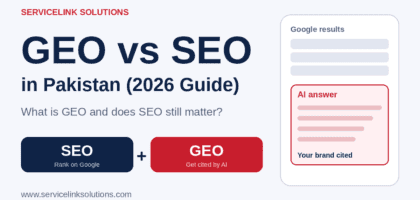 geo-vs-seo-pakistan-cover.png. Alt: GEO vs SEO comparison graphic for small businesses in Pakistan