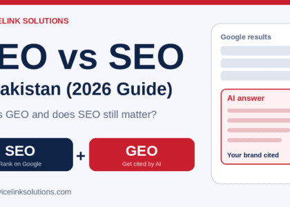 geo-vs-seo-pakistan-cover.png. Alt: GEO vs SEO comparison graphic for small businesses in Pakistan