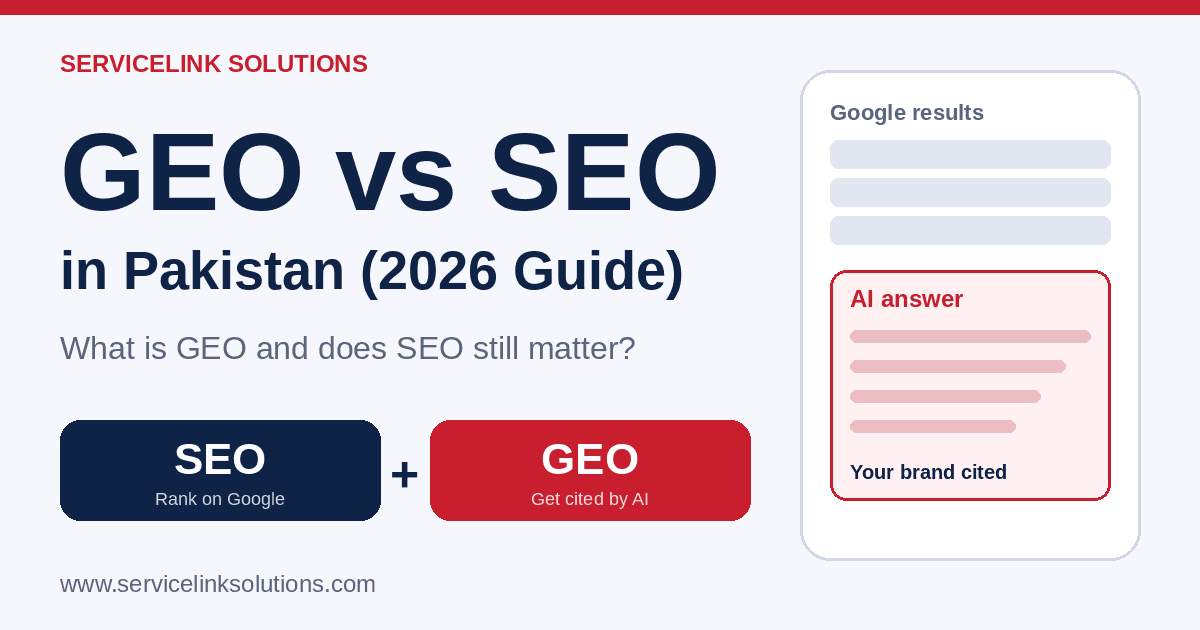 geo-vs-seo-pakistan-cover.png. Alt: GEO vs SEO comparison graphic for small businesses in Pakistan